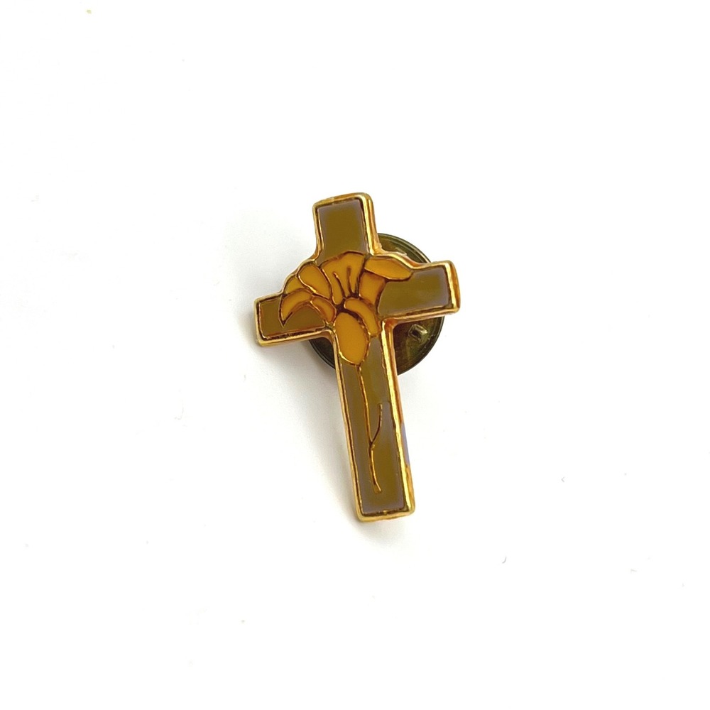 Gold Tone Cross Lapel Pin Yellow Lily Flower Brown Enamel Religiousโ Hat Pin 1in